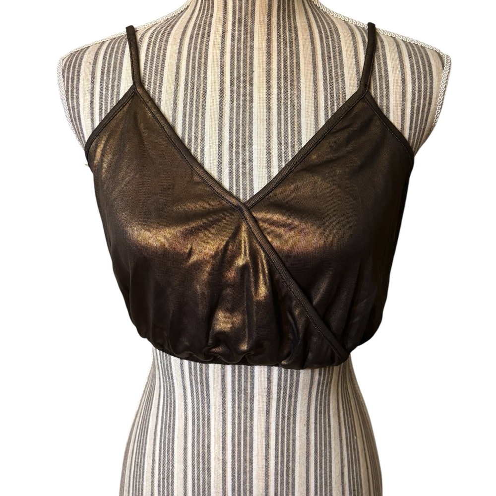 Lucca Couture Crop Top XS Bronze lamé Wrap Spaghetti Straps V-Neck Metallic Boho